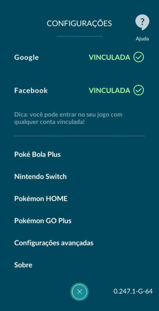 Menu Configurações no Pokémon GO
